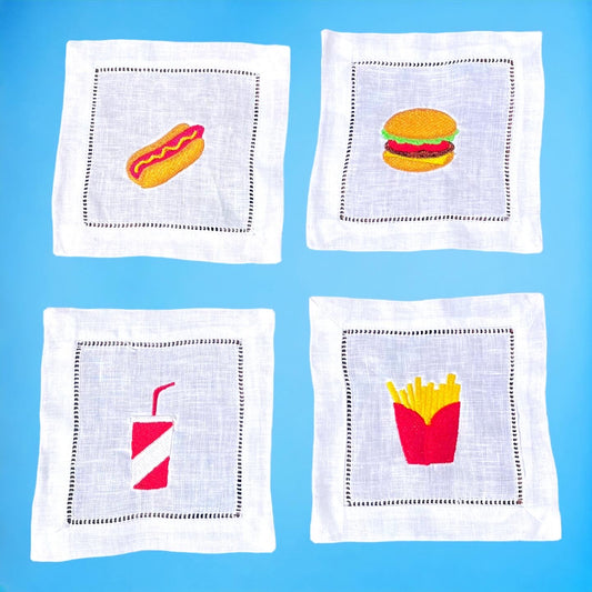 Fast Food Themed Embroidered Linen Cocktail Napkins