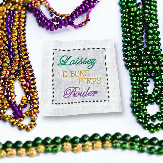 Mardi Gras Themed Embroidered Linen Cocktail Napkins