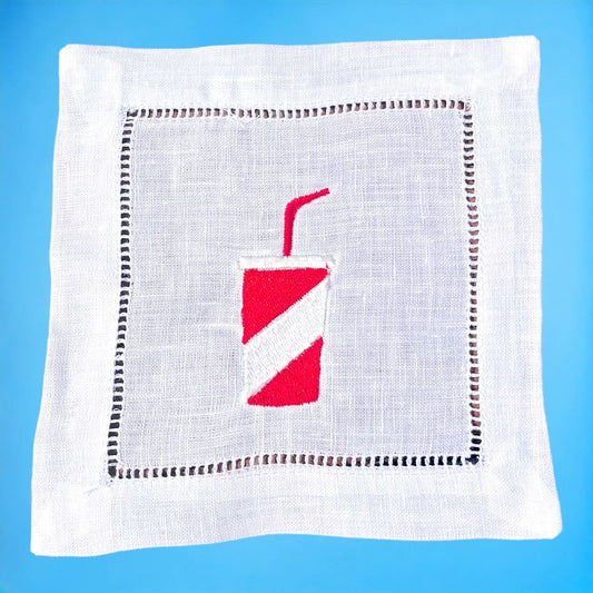 Soda Cup Embroidered Linen Cocktail Napkins