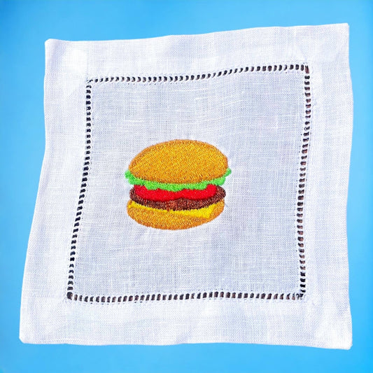 Cheeseburger Embroidered Linen Cocktail Napkins