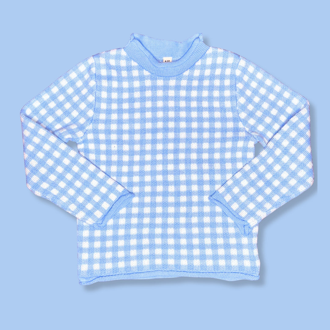 Blue and white gingham checked child's roll neck sweater 