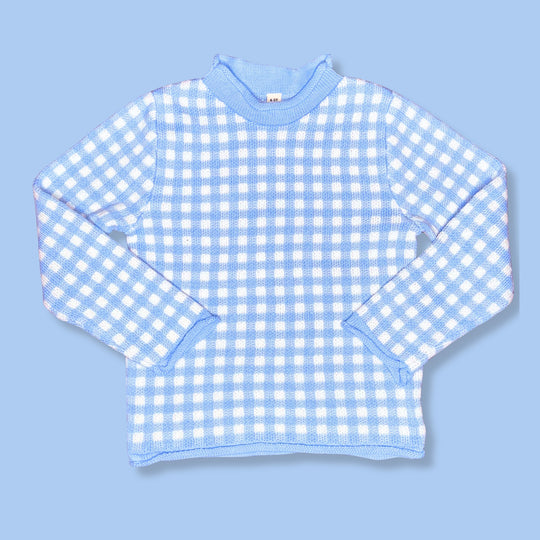Blue and white gingham checked child's roll neck sweater 