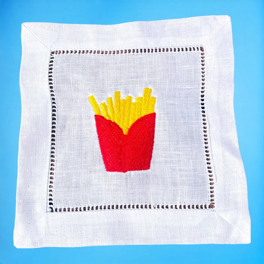 French Fry Embroidered Linen Cocktail Napkins