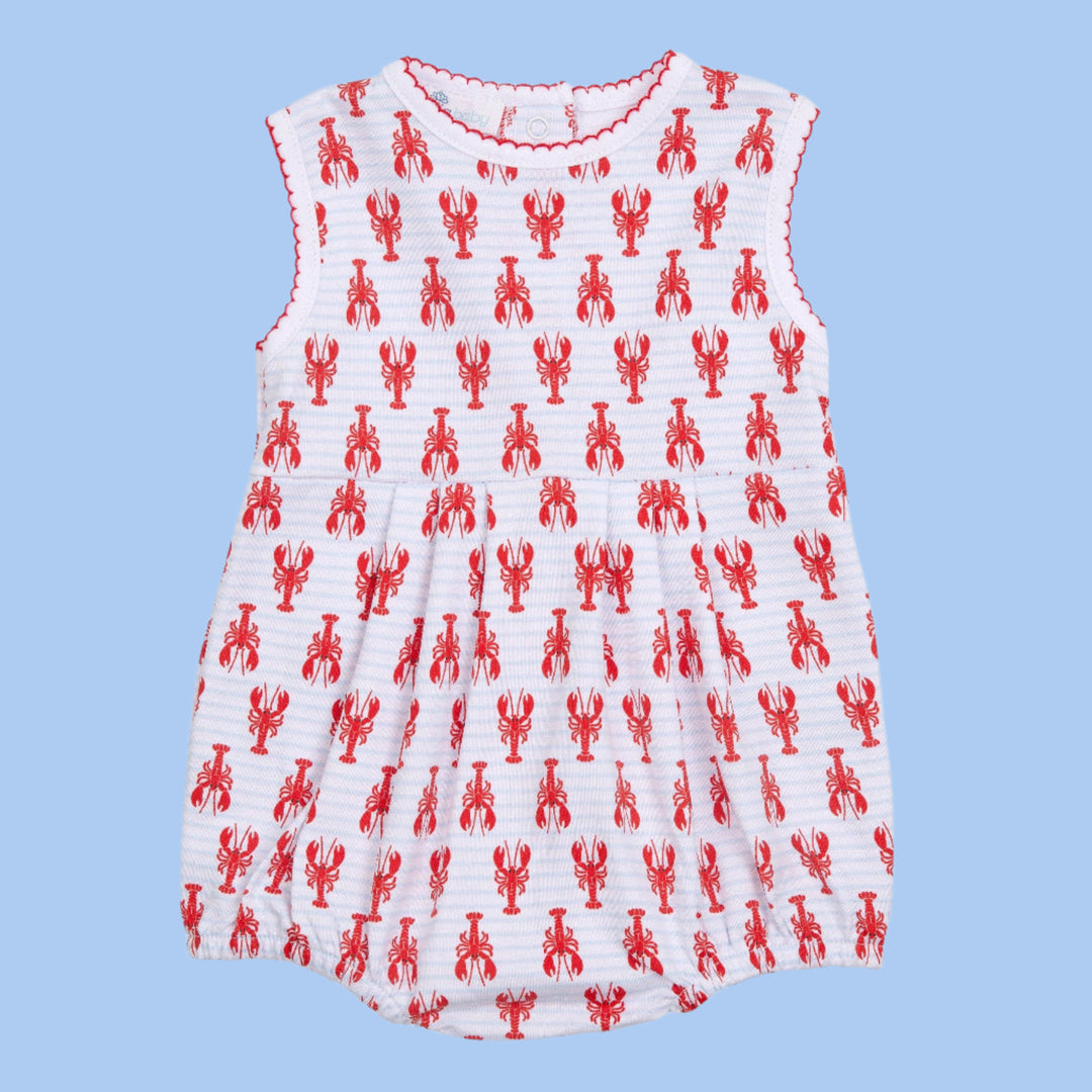 Blue and white sleeveless bubble with red lobster pattern
