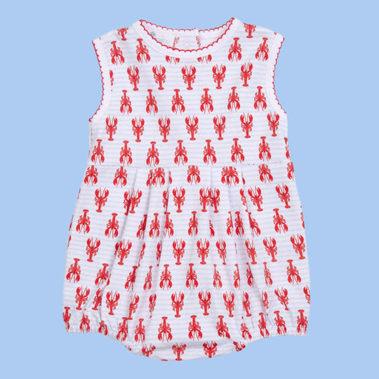 Blue and white sleeveless bubble with red lobster pattern