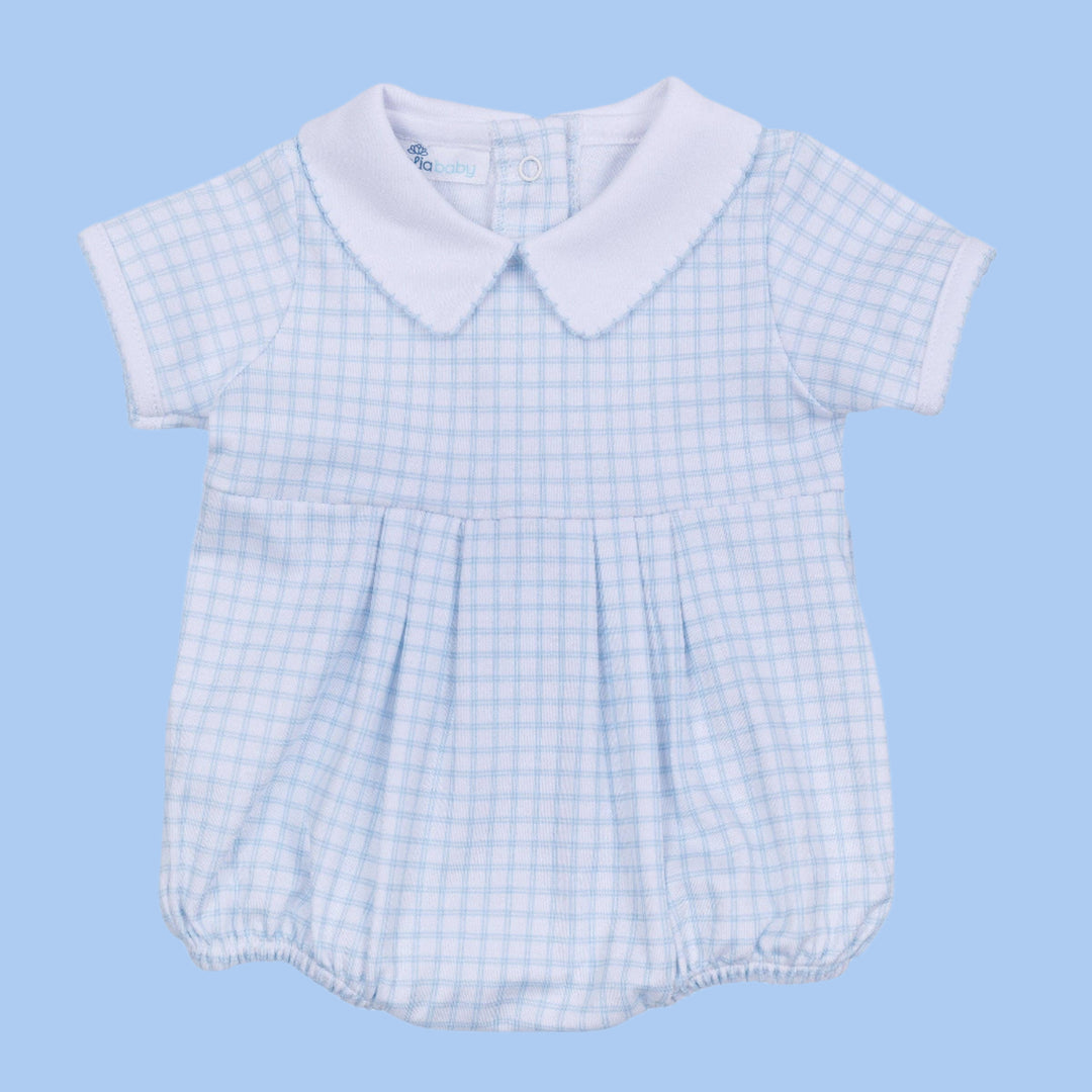 Light Blue checkered baby bubble with white collar and blue picot trimmed collar and sleeves