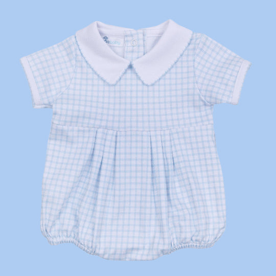 Light Blue checkered baby bubble with white collar and blue picot trimmed collar and sleeves