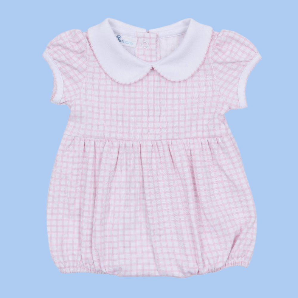 Pink checkered baby bubble with white collar and pink picot trimmed collar and sleeves