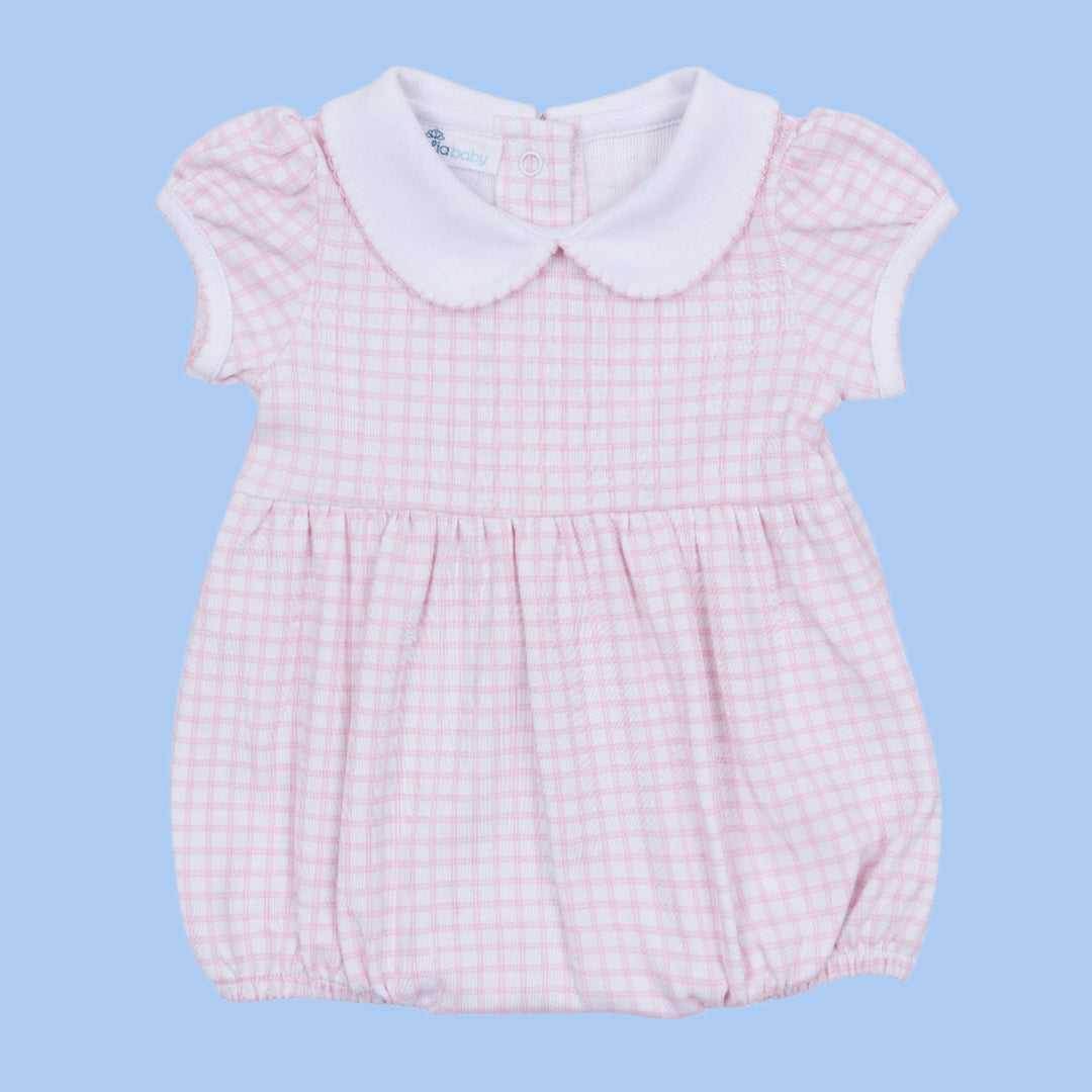 Pink checkered baby bubble with white collar and pink picot trimmed collar and sleeves