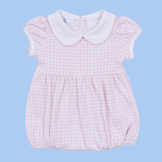 Pink checkered baby bubble with white collar and pink picot trimmed collar and sleeves