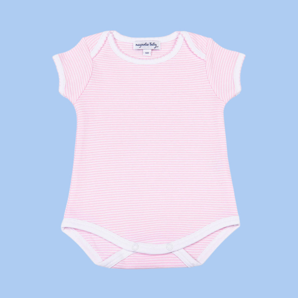 Pink and white striped baby bodysuit