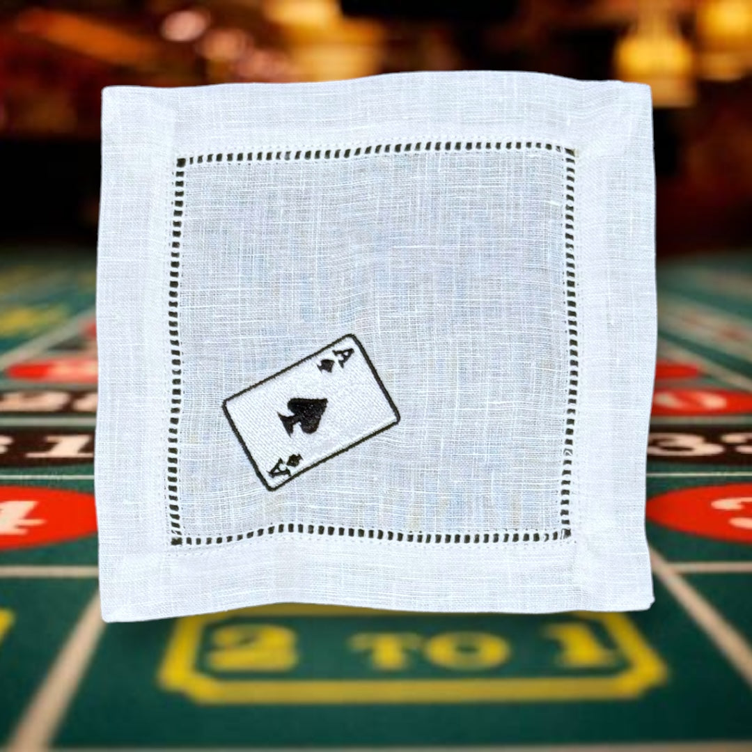 Playing Card Embroidered Linen Cocktail Napkins