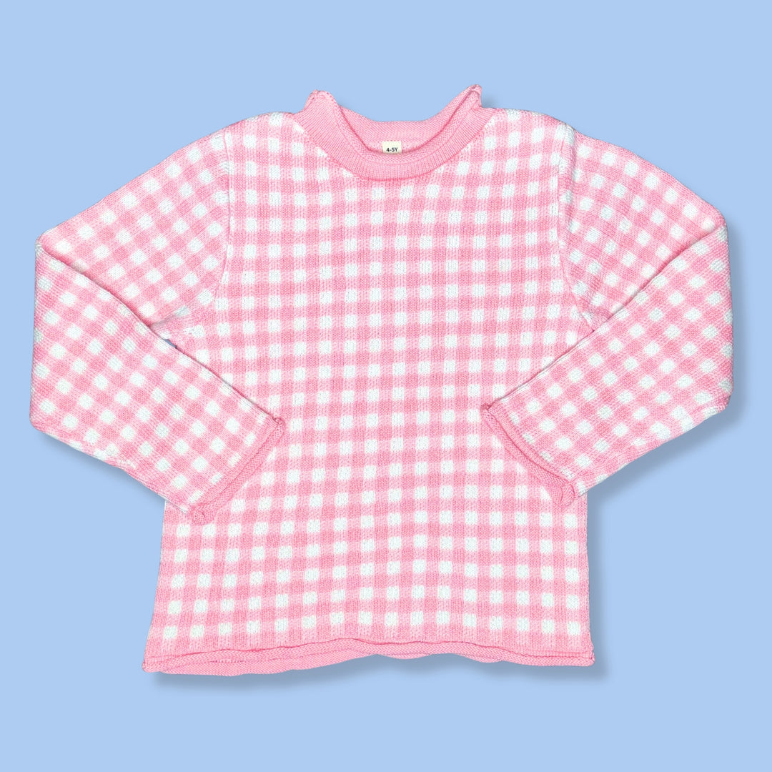 Pink and white gingham checked child's roll neck sweater 