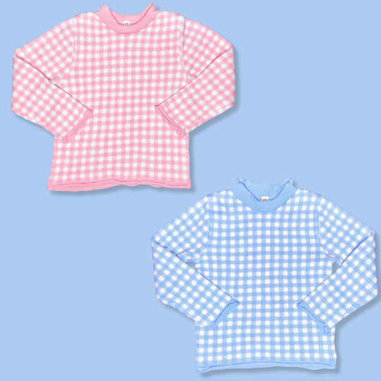 Pink and white and blue and white gingham checked child's roll neck sweaters 